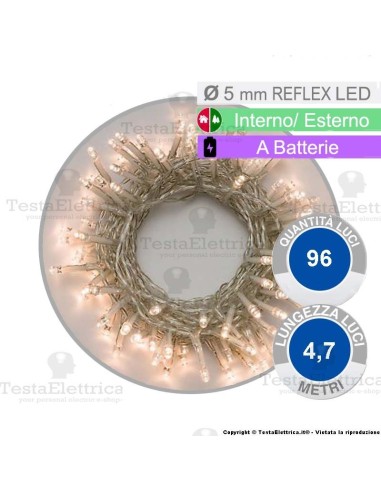 Catena 96 luci di natale a led Bianco Caldo a batterie su cavo bianco
