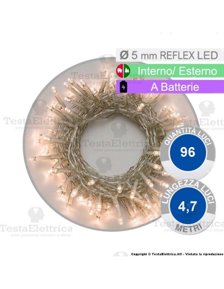 Catena 96 luci di natale a led Bianco Caldo a batterie su cavo bianco