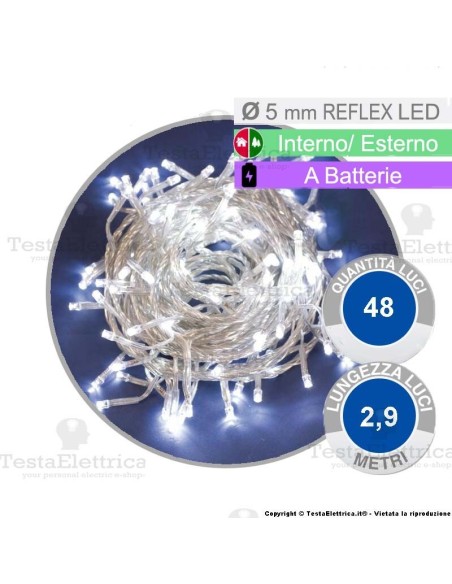 Catena 48 luci di natale a led Bianco Freddo a batterie su cavo bianco