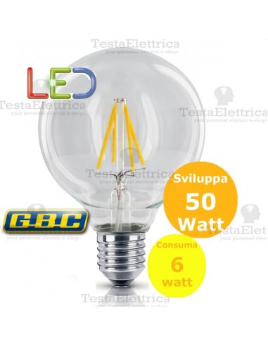 Lampada filo led Globo trasparente  tutto vetro 6 Watt E27 GBC 