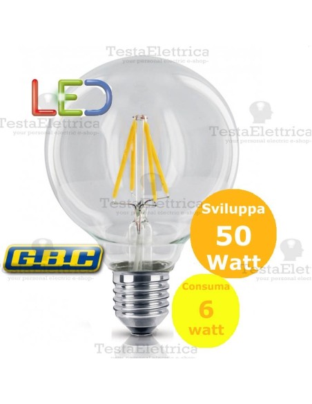 Lampada filo led Globo trasparente  tutto vetro 6 Watt E27 GBC 