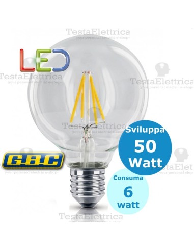 Lampada filo led Globo trasparente  tutto vetro 6 Watt E27 GBC 