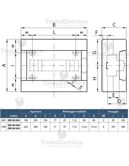 Centralino 12 moduli con morsettiera per quadri elettrici esterni 40044 Gewiss